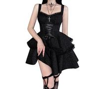 XKBHYD Robe plissée gothique pour femme - Taille empire - Mini robe à double couche - Taille haute - Lacée - Plissée - Robe croisée, Noir , XL