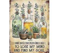 XKKLJH Plaque en métal rétro amusante avec inscription « Botanical Alchemy and In The Potions I GO to Lose My Mind and FIND My Soul » - Pour maison, cuisine, bar, café, garage - 15,2 x 20,3 cm
