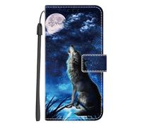 Xkladz Coque pour Samsung Galaxy A16 5G/4G Protection Pochette Housse Motif PU Étui en Cuir Portefeuille Flip Case Magnétique Etui à Rabat Antichoc Fente Carte Support Cover, Loup Bleu