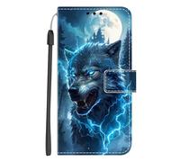 Xkladz Coque pour Samsung Galaxy S25 FE 5G Protection Pochette Housse Motif PU Étui Cuir Portefeuille Flip Case Magnétique Etui à Rabat Antichoc Fente Carte Support Cover for S25 FE, Loup Foudroyant
