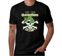 XKPTTRAXC Let The Shenanigans Begin Grinning Skull and Crossbones with Shamrock Eyepatch T-Shirt Man Cotton