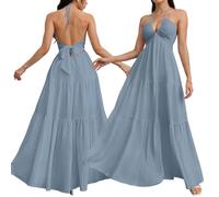 XKrmp 2026 Womens Summer Halter V-Neck Maxi Dress Boho Backless Flowy Beach Sundress Adjustable Tie Ruffle Hem (Sky Blue,M)