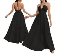 XKrmp 2026 Womens Summer Halter V-Neck Maxi Dress Boho Backless Flowy Beach Sundress Adjustable Tie Ruffle Hem (Black,M)
