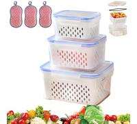 XKrmp 4 in 1 Produce Saver Food Storage Containers for Fridge, Keep Fruit & Veggies Crisp Longer, Stackable Fridge Organizer Bins with Airtight Lids & Removable Colander (Blue-3Pcs)