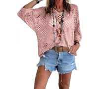 XKrmp Bohemian Crochet Tops for Women V-Neck Beach Cover Up, Snag-Resistant Open Knit Sweaters, Lightweight Vacation Resort Wear (Light Pink,3XL)