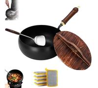 XKrmp Cast Iron Skillet - Japanese Uncoated Pure Iron Skillet for Multi-Purpose Frying Wok cooking, Hand-Forged Non-Stick Pans , for Daily Use (Wooden Cover,9.44 In)