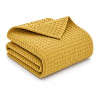 XKrmp Cotton Waffle Weave Blankets - Breathable Bamboo Waffle Throw for Summer, Decorative Bedspread Coverlet, Fade & Snag Resistant (Yellow,79" x 90")