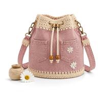 XKrmp Denim Crochet Bucket Bag - Drawstring Crossbody Purse with Pockets, Adjustable Strap,Women Vintage Hobo Handbag (PINK)
