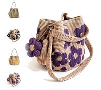 XKrmp Handmade Crochet Flower Tote, Knit Boho Shoulder Purse with 3D Floral Charm, Anti-Stretch Women Beach Bag, Summer Gifts (Purple)