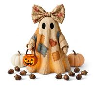 XKrmp Lighted Vintage Patchwork Ghost with 10 Faux Acorns | Battery Operated Cordless Farmhouse Fall Figurine | Rustic Halloween Decor for Mantel & Entryway