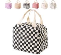 XKrmp Strawberry Tote Bag for Lunches - Reusable Lunch Bags with Shoulder Strap, Insulated, Leakproof, and Stylish Design for School, Work Commutes, or Outdoor Activities (Black and white plaid)