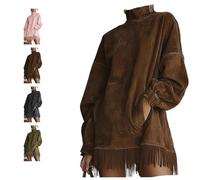 XKrmp Women's Faux Suede Fringe Dress - 2026 Long Sleeve Mock Neck Western Mini Dress with Pockets Tassel Party (Warm Brown,3TG)
