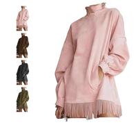 XKrmp Women's Faux Suede Fringe Dress - 2026 Long Sleeve Mock Neck Western Mini Dress with Pockets Tassel Party (Dusty Pink,S)