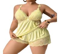 XKrmp Women's Plus Size Satin Pajama Set, Sexy Scratch-Free Floral Lace Cami & Shorts Sleepwear with Adjustable Straps (Yellow,TTG)