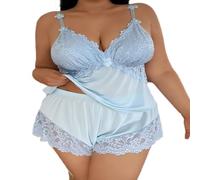 XKrmp Women's Plus Size Satin Pajama Set, Sexy Scratch-Free Floral Lace Cami & Shorts Sleepwear with Adjustable Straps (Light Blue,4TG)