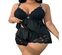 XKrmp Women's Plus Size Satin Pajama Set, Sexy Scratch-Free Floral Lace Cami & Shorts Sleepwear with Adjustable Straps (Black,10TG)