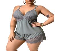 XKrmp Women's Plus Size Satin Pajama Set, Sexy Scratch-Free Floral Lace Cami & Shorts Sleepwear with Adjustable Straps (Gray,TG)