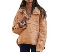 XKrmp Women's Quilted Sweatshirt Warm Pullover Puffer Jacket with Deep Pockets Side Slit,Half Button Winter Hoodie Coat (I,TG)