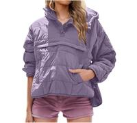 XKrmp Women's Quilted Sweatshirt Warm Pullover Puffer Jacket with Deep Pockets Side Slit,Half Button Winter Hoodie Coat (J,TG)