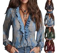 XKrmp Women's Vintage Half-Zip Ruffle Blouse, Non-Sheer Chiffon Long Sleeve V-Neck Top, Victorian Shirt (Sky Blue,TTG)