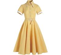 Xku Robe Robe D’été à Carreaux Imprimé Bleu Jaune Vintage 40s 50s Retro Swing, A, XL