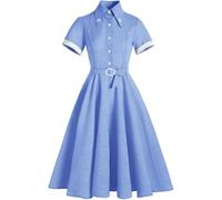 Xku Robe Robe D’été à Carreaux Imprimé Bleu Jaune Vintage 40s 50s Retro Swing, B, S