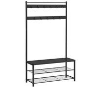 ACAZA Meuble d’Entrée Porte-Manteau 3-en-1 - Vestiaire avec Banc et Étagère à Chaussures - Structure en Métal et Bois, 85 x 32 x 175 cm, Noir