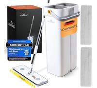 XL Mop et Seau, Système Double Compartiment, Balai Serpillière Microfibre 40 cm, Manche Télescopique 143-181 cm, Essoreur Mains Libres, Retrait Poils Animaux, 2 Pads Lavables, Blanc - ALANBERG®