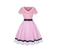 (XL,pink)Vintage 50s 60s Women's Vintage Party Dress With Belt Polka Dot Print Short Sleeve Hepburn Robe Pin Up Rockabilly Dresses