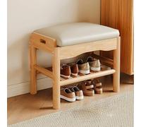 XL Superb Banc à Chaussures à 2 Niveaux éTagèRe à Chaussures en Bois avec SièGe Large Rembourré en Cuir Cadre en Bois Massif Robuste Banc D'EntréE pour Couloirs Natural 17.7in/45cm