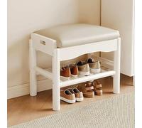 XL Superb Banc à Chaussures à 2 Niveaux éTagèRe à Chaussures en Bois avec SièGe Large Rembourré en Cuir Cadre en Bois Massif Robuste Banc D'EntréE pour Couloirs White 17.7in/45cm