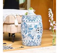 XL Superb Tabouret Tambour Peint à la Main et Verni, Bleu et Blanc, Peut Servir de Table d'appoint, Aucun Assemblage requis, pour Le Salon, la Chambre à Coucher, Le Balcon ou la terrasse. 32x32x45cm