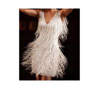 (XL,White)Cocktail Dresses for Women Deep V-Neck All-Over Fringe Spaghetti Straps Dress Cocktail Evening Mini Dress