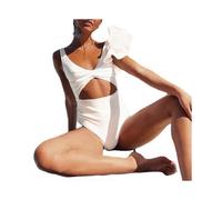 (XL,White)Sweet Flounce Bathing Suit for Women Sexy Cutout Swimwear Twist Front Swimsuit