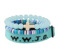 XLDZR Ensemble de bracelets « Que ferait Jésus ? » (WWJD), ensemble de bracelets chrétiens en perles avec croix, bracelet extensible ajustable en argile(Blue)