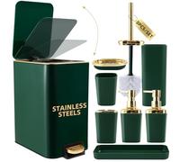 XLHOMO Ensemble d'accessoires de Salle de Bain 8 pièces Vert et doré, Ensemble de Salle de Bain avec Poubelle en Acier Inoxydable, Brosse WC, Ensemble de Brosse à Dents, Distributeur de Savon
