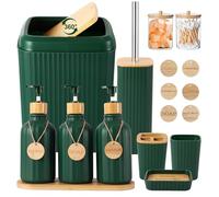 XLHOMO Ensemble de Salle de Bain Vert 17 pièces avec Distributeur de Savon 3 pièces, Porte-Brosse à Dents, Poubelle, Plateau de courtoisie, Support Q-Tip, étiquettes en Bois - Style Rustique