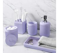 XLHOMO Lot de 5 Accessoires de Salle de Bain en résine Violet Clair, Distributeur de Savon, Porte-Brosse à Dents, gobelet de Salle de Bain, Support Qtip et Plateau de Coiffeuse, Ensemble de Rangement