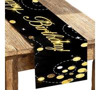 XLIUAX Chemin de table d'anniversaire « Happy Birthday » - Chemin de table d'anniversaire noir et doré - Confettis vintage en lin - Décoration de table pour maison, cuisine, dîner, fête, 183 x 33 cm