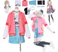 XLJLKJDS Kohane Azusawa Project Sekai Perruque de Cosplay colorée pour Femme - Veste Rose - Uniforme pour Adulte - Jupe et Chapeau - Ensemble Complet pour Halloween, Carnaval, déguisement