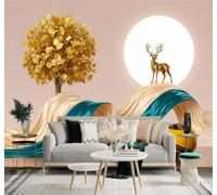 XLMING 3D Papier Peint Arbres Dorés Cerf Doré Ruban Pleine Lune Paysage | Soie Texturée Haut de Gamme Idéale Pour le Bureau la Salle à Manger Salon Chambre Canapé et Décoration Murale-350cm×256cm