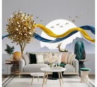 XLMING 3D Papier Peint Arbres Dorés Cerfs Dorés Oiseaux En Vol Lune Paysage | Soie Texturée Haut de Gamme Idéale Pour le Bureau la Salle à Manger Salon Chambre Canapé et Décoration Murale-150cm×105cm