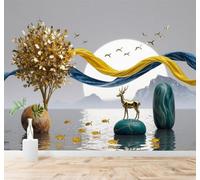 XLMING 3D Papier Peint Arbres Dorés Cerfs Dorés Oiseaux En Vol Lune Paysage | Texture Soyeuse Haut de Gamme Adaptée au Bureau à la Salle Manger au Coin Canapé Chambre Salon et Mur Derrière TV-400cm×280cm