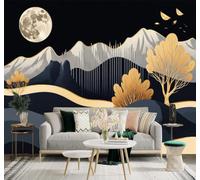 XLMING 3D Papier Peint Arbres Dorés Lune Sommets Rivière Ciel Nocturne | Soie Texturée Haut de Gamme Idéale Pour le Bureau la Salle à Manger Salon Chambre Canapé et Décoration Murale-150cm×105cm