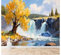 XLMING 3D Papier Peint Cascade Arbres Jaunes Ciel Bleu Forêt Paysage | Texture Soyeuse Haut de Gamme Adaptée au Bureau à la Salle Manger au Coin Canapé Chambre Salon et Mur Derrière TV-350cm×256cm
