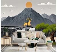 XLMING 3D Papier Peint Cascade Cerf Doré Montagnes Soleil Pins | Texture Soyeuse Haut de Gamme Adaptée au Bureau à la Salle Manger au Coin Canapé Chambre Salon et Mur Derrière TV-400cm×280cm