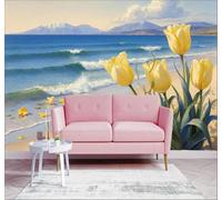 XLMING 3D Papier Peint Mer Plage Tulipes Jaunes Vagues Montagnes | Soie Texturée Haut de Gamme Idéale Pour le Bureau la Salle à Manger Salon Chambre Canapé et Décoration Murale-300cm×210cm