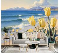 XLMING 3D Papier Peint Mer Plage Tulipes Jaunes Vagues Montagnes | Texture Soyeuse Haut de Gamme Adaptée au Bureau à la Salle Manger au Coin Canapé Chambre Salon et Mur Derrière TV-250cm×170cm