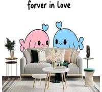 XLMING 3D Papier Peint Mignon Cartoon Bleu Pâle Baleine Forme De Cœur | Soie Texturée Haut de Gamme Idéale Pour le Bureau la Salle à Manger Salon Chambre Canapé et Décoration Murale-350cm×256cm