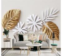 XLMING 3D Papier Peint Or Blanc Feuilles Tropicales Fleurs Art | Texture Soyeuse Haut de Gamme Adaptée au Bureau à la Salle Manger au Coin Canapé Chambre Salon et Mur Derrière TV-400cm×280cm